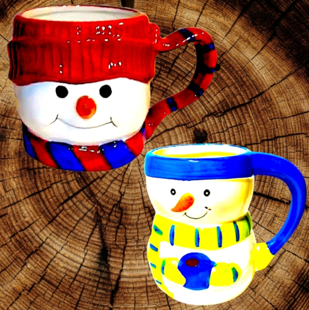Vintage Set of Ceramic Snowmen Mugs/Cups (Linen N Things 16oz + Bay Island 12oz)